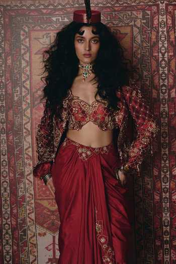 Buy_Aditi Gupta_Maroon Silk, Tissue Embroidery, Floral Chatai Work Jacket And Draped Skirt Set _Online