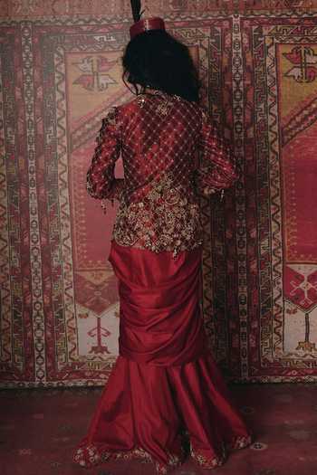 Aditi Gupta_Maroon Silk, Tissue Embroidery, Floral Chatai Work Jacket And Draped Skirt Set _Online_at_Aza_Fashions