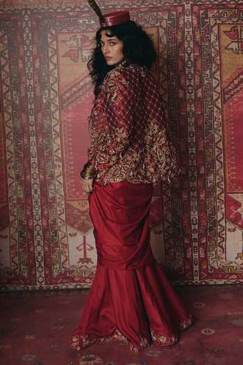Shop_Aditi Gupta_Maroon Silk, Tissue Embroidery, Floral Chatai Work Jacket And Draped Skirt Set _Online