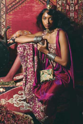 Aditi Gupta_Purple Silk, Tissue Fabric Pre-draped Skirt Saree With Embroidered Corset _Online_at_Aza_Fashions