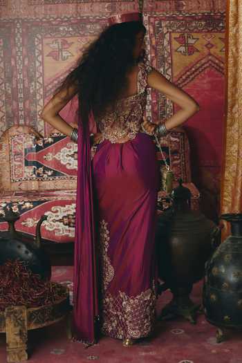 Shop_Aditi Gupta_Purple Silk, Tissue Fabric Pre-draped Skirt Saree With Embroidered Corset _at_Aza_Fashions
