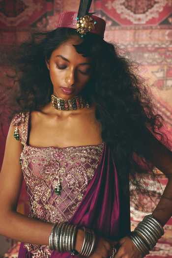 Shop_Aditi Gupta_Purple Silk, Tissue Fabric Pre-draped Skirt Saree With Embroidered Corset _Online_at_Aza_Fashions