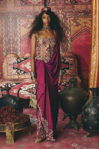 Buy_Aditi Gupta_Purple Silk, Tissue Fabric Pre-draped Skirt Saree With Embroidered Corset _at_Aza_Fashions