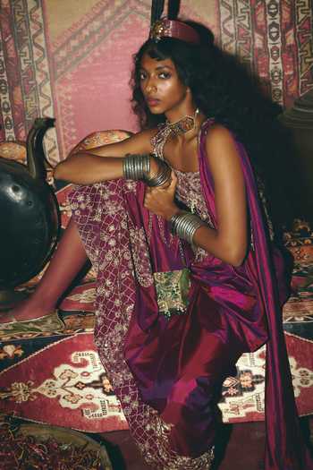 Aditi Gupta_Purple Silk, Tissue Fabric Pre-draped Skirt Saree With Embroidered Corset _at_Aza_Fashions
