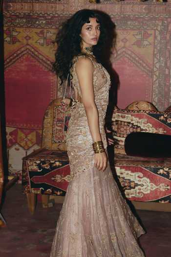Aditi Gupta_Rose Gold Tissue Tassels, Fabric Pre-draped Saree With Floral Embroidered Blouse _Online_at_Aza_Fashions