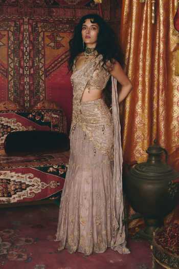 Shop_Aditi Gupta_Rose Gold Tissue Tassels, Fabric Pre-draped Saree With Floral Embroidered Blouse _Online_at_Aza_Fashions