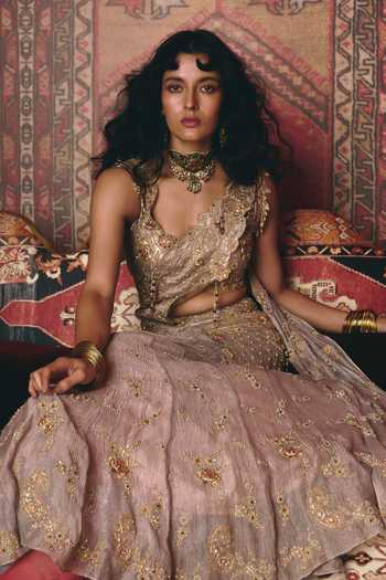 Aditi Gupta_Rose Gold Tissue Tassels, Fabric Pre-draped Saree With Floral Embroidered Blouse _at_Aza_Fashions