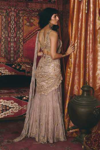 Shop_Aditi Gupta_Rose Gold Tissue Tassels, Fabric Pre-draped Saree With Floral Embroidered Blouse _at_Aza_Fashions