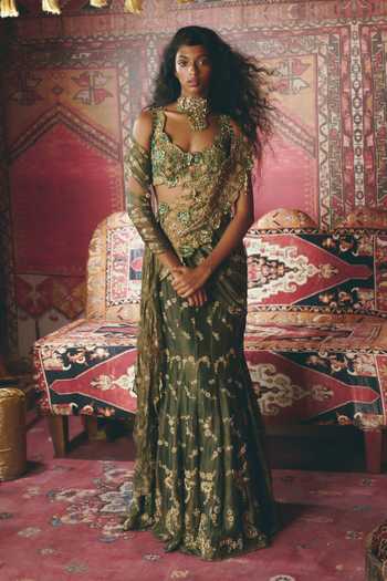 Buy_Aditi Gupta_Emerald Green Tissue Zari, Pre-draped Saree With Floral Chatai Work Blouse _at_Aza_Fashions