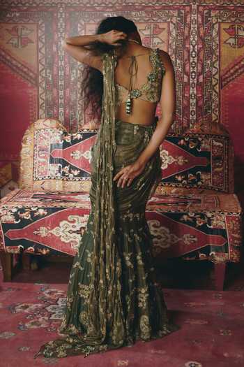 Shop_Aditi Gupta_Emerald Green Tissue Zari, Pre-draped Saree With Floral Chatai Work Blouse _at_Aza_Fashions