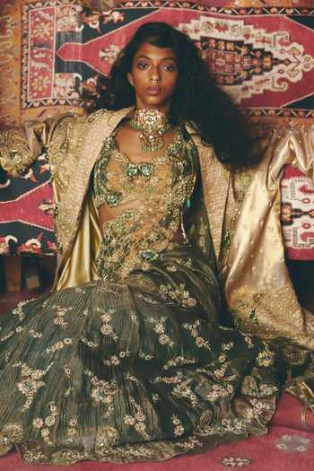 Buy_Aditi Gupta_Emerald Green Tissue Zari, Pre-draped Saree With Floral Chatai Work Blouse _Online_at_Aza_Fashions