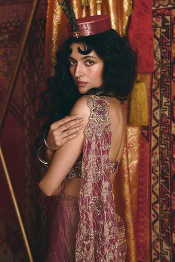 Buy_Aditi Gupta_Pink Tissue Embroidery, Sequins, Floral Chatai Pre-draped Saree With Blouse _Online_at_Aza_Fashions
