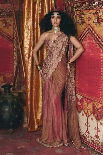 Buy_Aditi Gupta_Pink Tissue Embroidery, Sequins, Floral Chatai Pre-draped Saree With Blouse _at_Aza_Fashions
