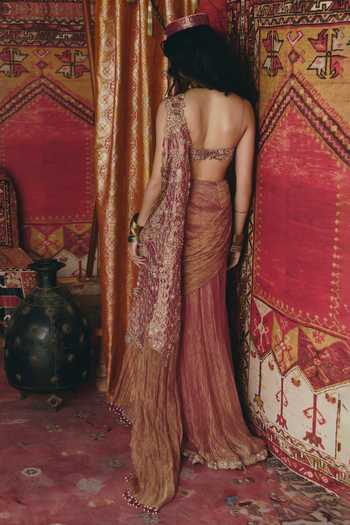 Aditi Gupta_Pink Tissue Embroidery, Sequins, Floral Chatai Pre-draped Saree With Blouse _Online_at_Aza_Fashions