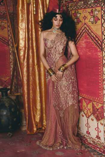 Shop_Aditi Gupta_Pink Tissue Embroidery, Sequins, Floral Chatai Pre-draped Saree With Blouse _Online_at_Aza_Fashions
