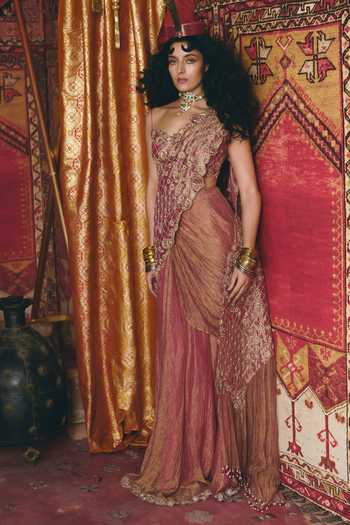 Aditi Gupta_Pink Tissue Embroidery, Sequins, Floral Chatai Pre-draped Saree With Blouse _at_Aza_Fashions