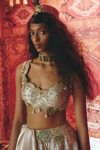 Aditi Gupta_Gold Tissue Pearls, Stones, Fabric Flowers, Floral Chatai Pure Lehenga Set _Online_at_Aza_Fashions