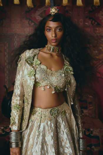 Buy_Aditi Gupta_Gold Tissue Pearls, Stones, Fabric Flowers, Floral Chatai Pure Lehenga Set _Online_at_Aza_Fashions