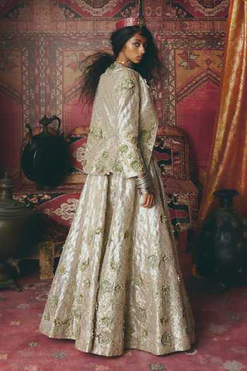 Shop_Aditi Gupta_Gold Tissue Pearls, Stones, Fabric Flowers, Floral Chatai Pure Lehenga Set _at_Aza_Fashions