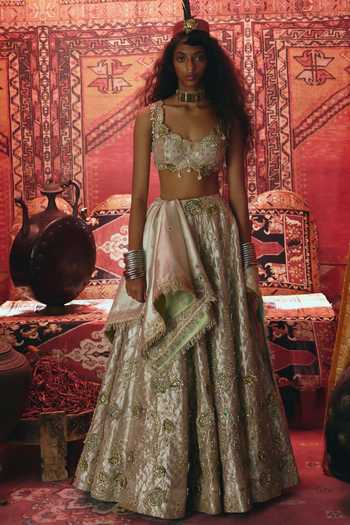 Shop_Aditi Gupta_Gold Tissue Pearls, Stones, Fabric Flowers, Floral Chatai Pure Lehenga Set _Online_at_Aza_Fashions