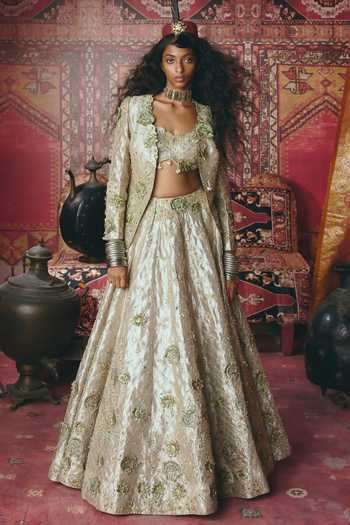 Buy_Aditi Gupta_Gold Tissue Pearls, Stones, Fabric Flowers, Floral Chatai Pure Lehenga Set _at_Aza_Fashions