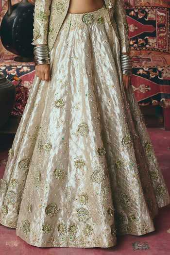Aditi Gupta_Gold Tissue Pearls, Stones, Fabric Flowers, Floral Chatai Pure Lehenga Set _at_Aza_Fashions