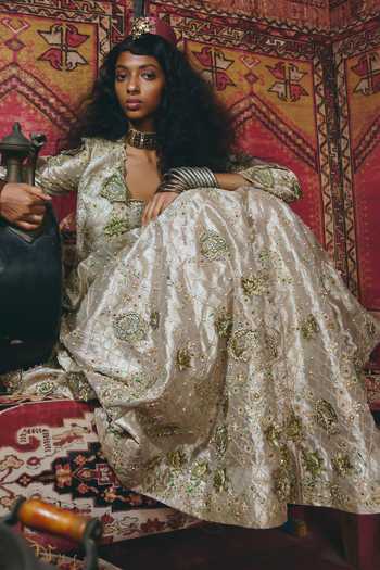 Buy_Aditi Gupta_Gold Tissue Pearls, Stones, Fabric Flowers, Floral Chatai Pure Lehenga Set 