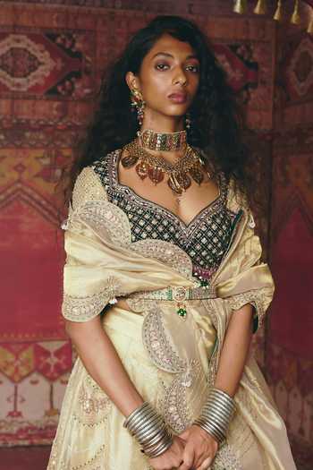 Aditi Gupta_Green Tissue, Velvet Embroidery, Sequins, Beads Scalloped Lehenga Set _Online_at_Aza_Fashions