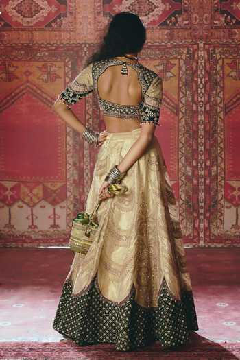 Shop_Aditi Gupta_Green Tissue, Velvet Embroidery, Sequins, Beads Scalloped Lehenga Set _Online_at_Aza_Fashions