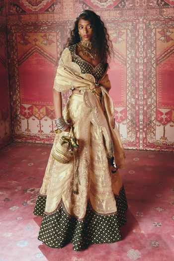 Aditi Gupta_Green Tissue, Velvet Embroidery, Sequins, Beads Scalloped Lehenga Set _at_Aza_Fashions