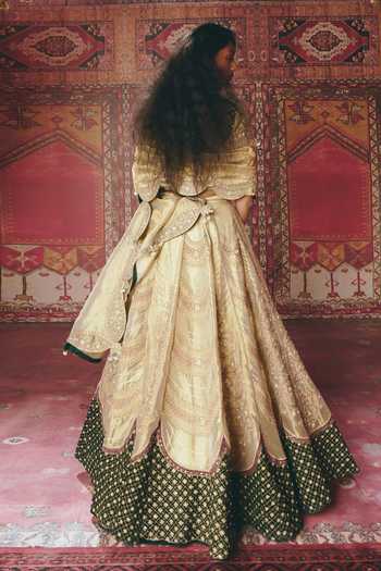 Shop_Aditi Gupta_Green Tissue, Velvet Embroidery, Sequins, Beads Scalloped Lehenga Set _at_Aza_Fashions
