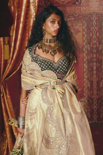 Buy_Aditi Gupta_Green Tissue, Velvet Embroidery, Sequins, Beads Scalloped Lehenga Set 