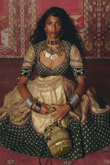 Shop_Aditi Gupta_Green Tissue, Velvet Embroidery, Sequins, Beads Scalloped Lehenga Set 