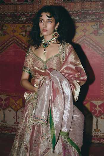 Aditi Gupta_Pink Tissue, Brocade Embroidery, Sequins, Mirrors Sweetheart Floral Lehenga Set _Online_at_Aza_Fashions