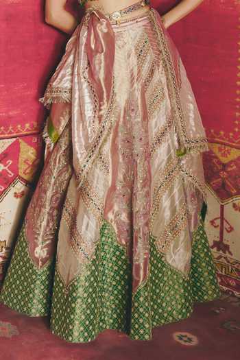 Buy_Aditi Gupta_Pink Tissue, Brocade Embroidery, Sequins, Mirrors Sweetheart Floral Lehenga Set _Online_at_Aza_Fashions