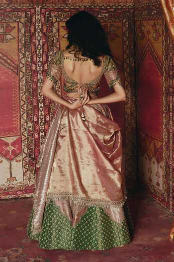 Shop_Aditi Gupta_Pink Tissue, Brocade Embroidery, Sequins, Mirrors Sweetheart Floral Lehenga Set _at_Aza_Fashions