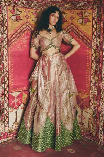 Aditi Gupta_Pink Tissue, Brocade Embroidery, Sequins, Mirrors Sweetheart Floral Lehenga Set _at_Aza_Fashions