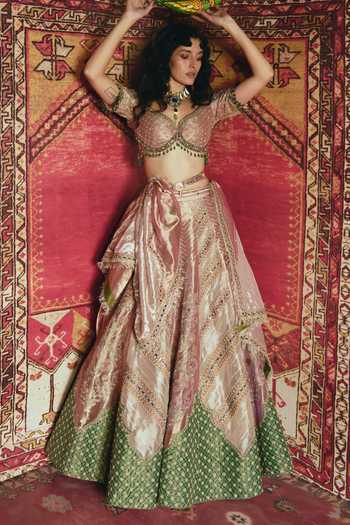 Buy_Aditi Gupta_Pink Tissue, Brocade Embroidery, Sequins, Mirrors Sweetheart Floral Lehenga Set 