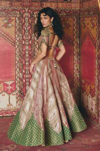 Shop_Aditi Gupta_Pink Tissue, Brocade Embroidery, Sequins, Mirrors Sweetheart Floral Lehenga Set 