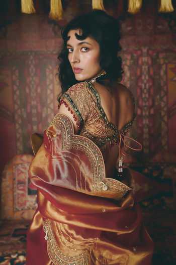 Buy_Aditi Gupta_Maroon Tissue, Velvet Embroidery, Sequins Sweetheart Scalloped Lehenga Set _Online_at_Aza_Fashions