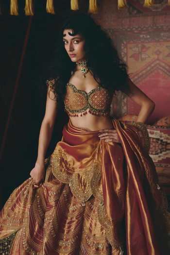 Shop_Aditi Gupta_Maroon Tissue, Velvet Embroidery, Sequins Sweetheart Scalloped Lehenga Set _Online_at_Aza_Fashions