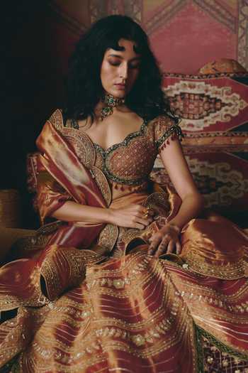 Aditi Gupta_Maroon Tissue, Velvet Embroidery, Sequins Sweetheart Scalloped Lehenga Set _at_Aza_Fashions