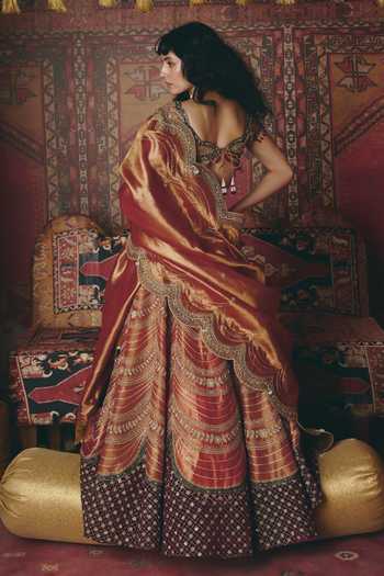 Aditi Gupta_Maroon Tissue, Velvet Embroidery, Sequins Sweetheart Scalloped Lehenga Set _Online_at_Aza_Fashions