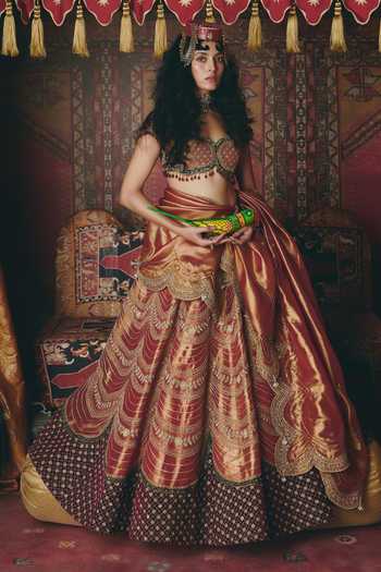 Buy_Aditi Gupta_Maroon Tissue, Velvet Embroidery, Sequins Sweetheart Scalloped Lehenga Set 