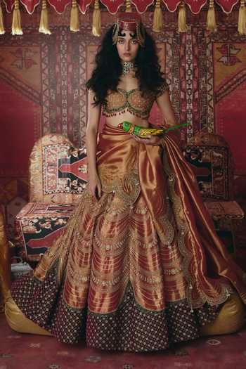 Buy_Aditi Gupta_Maroon Tissue, Velvet Embroidery, Sequins Sweetheart Scalloped Lehenga Set _at_Aza_Fashions