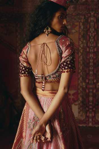 Aditi Gupta_Pink Tissue, Velvet Embroidery, Sequins, Stones Floral And Geometric Lehenga Set _Online_at_Aza_Fashions