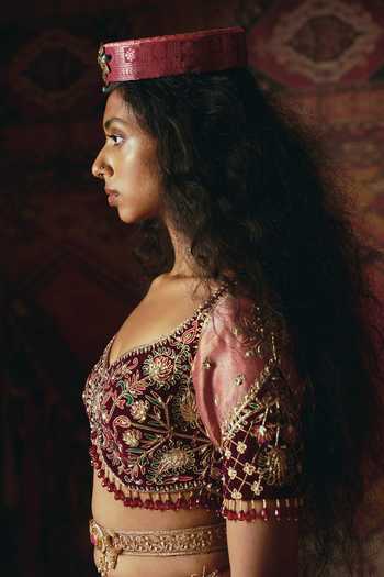 Shop_Aditi Gupta_Pink Tissue, Velvet Embroidery, Sequins, Stones Floral And Geometric Lehenga Set _Online_at_Aza_Fashions