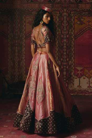 Aditi Gupta_Pink Tissue, Velvet Embroidery, Sequins, Stones Floral And Geometric Lehenga Set _at_Aza_Fashions