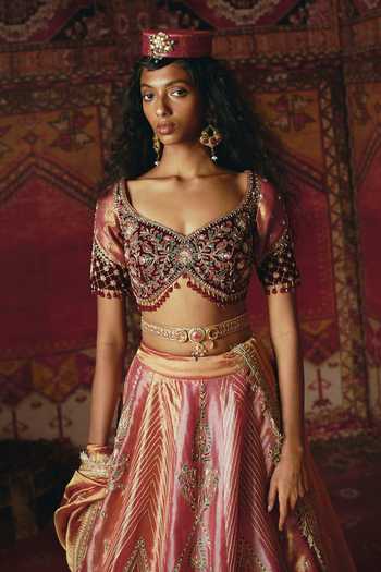 Buy_Aditi Gupta_Pink Tissue, Velvet Embroidery, Sequins, Stones Floral And Geometric Lehenga Set 