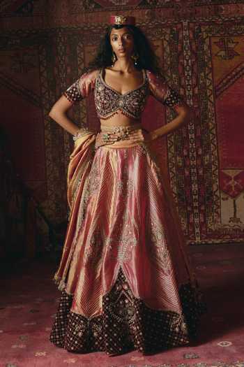 Buy_Aditi Gupta_Pink Tissue, Velvet Embroidery, Sequins, Stones Floral And Geometric Lehenga Set _at_Aza_Fashions